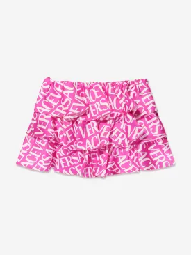 Versace Girls Logo Print Ruffle Skirt in Pink