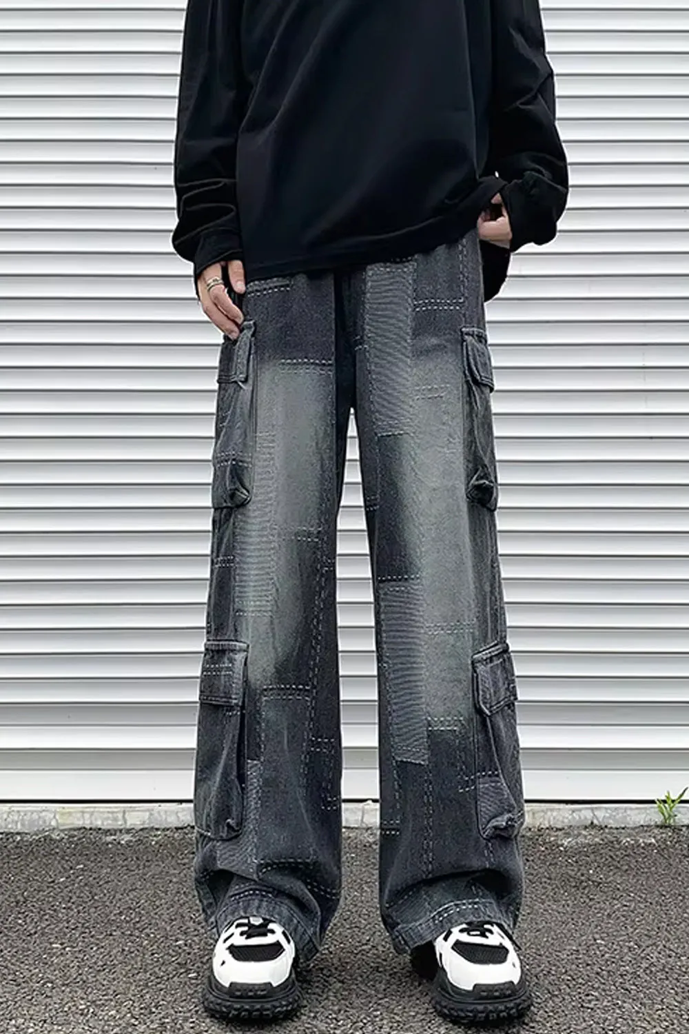 Vintage Plaid Patchwork Men Cargo Jeans Pants