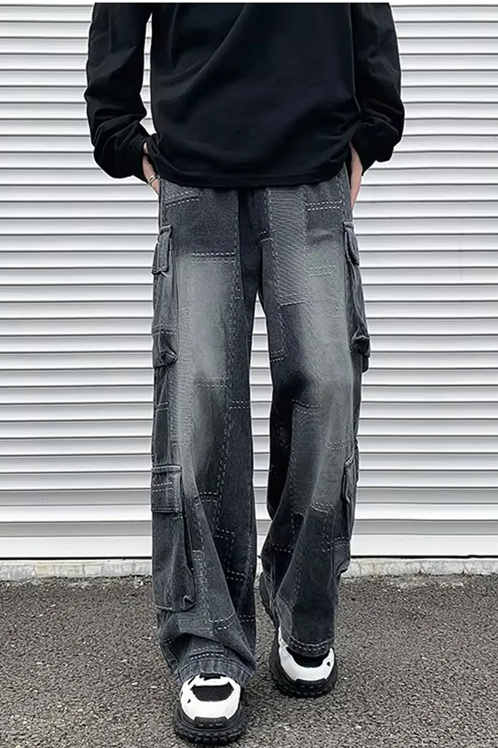 Vintage Plaid Patchwork Men Cargo Jeans Pants