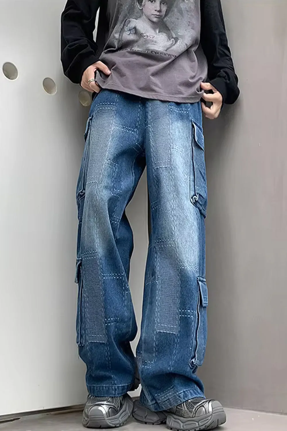 Vintage Plaid Patchwork Men Cargo Jeans Pants