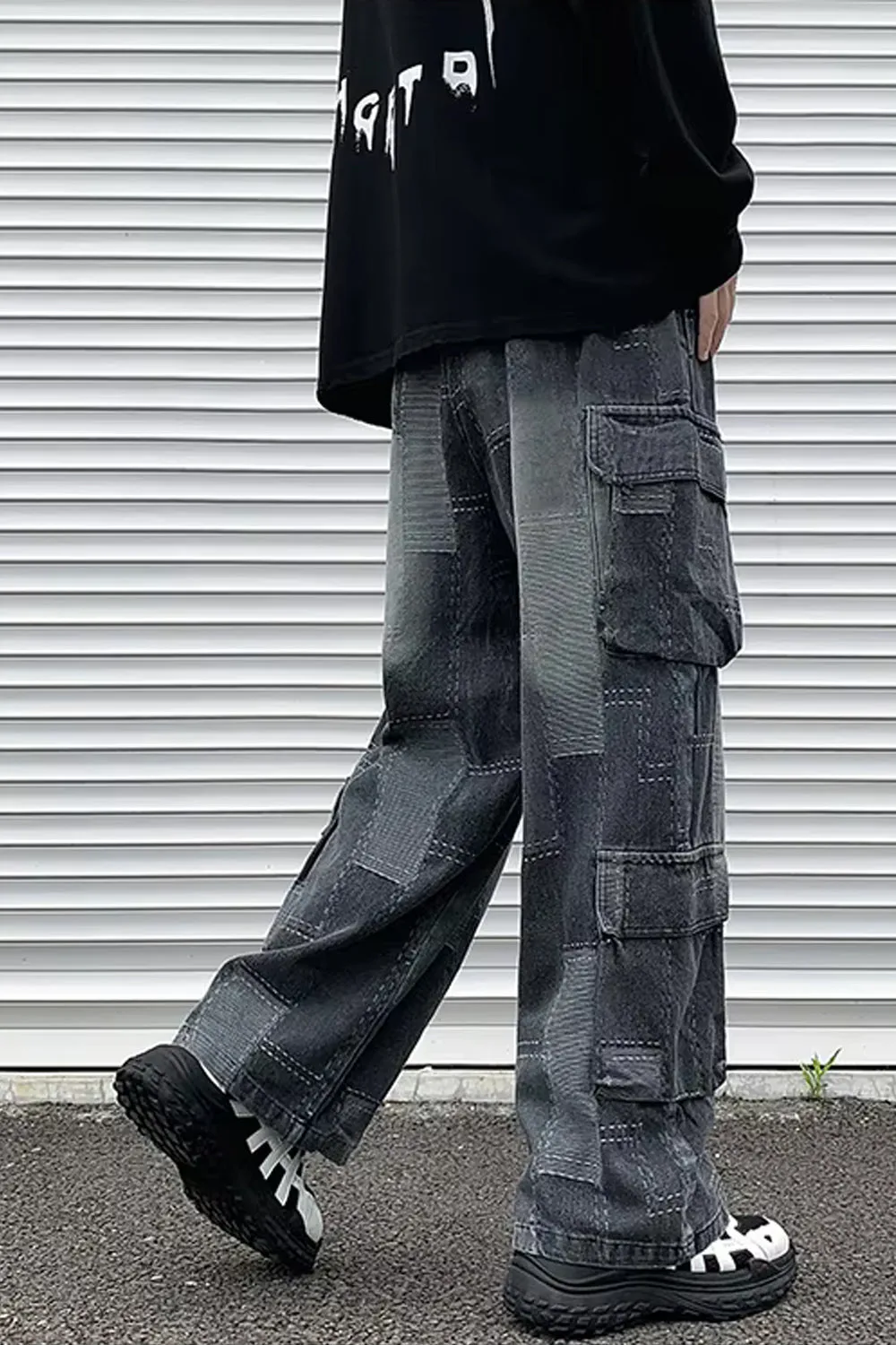 Vintage Plaid Patchwork Men Cargo Jeans Pants