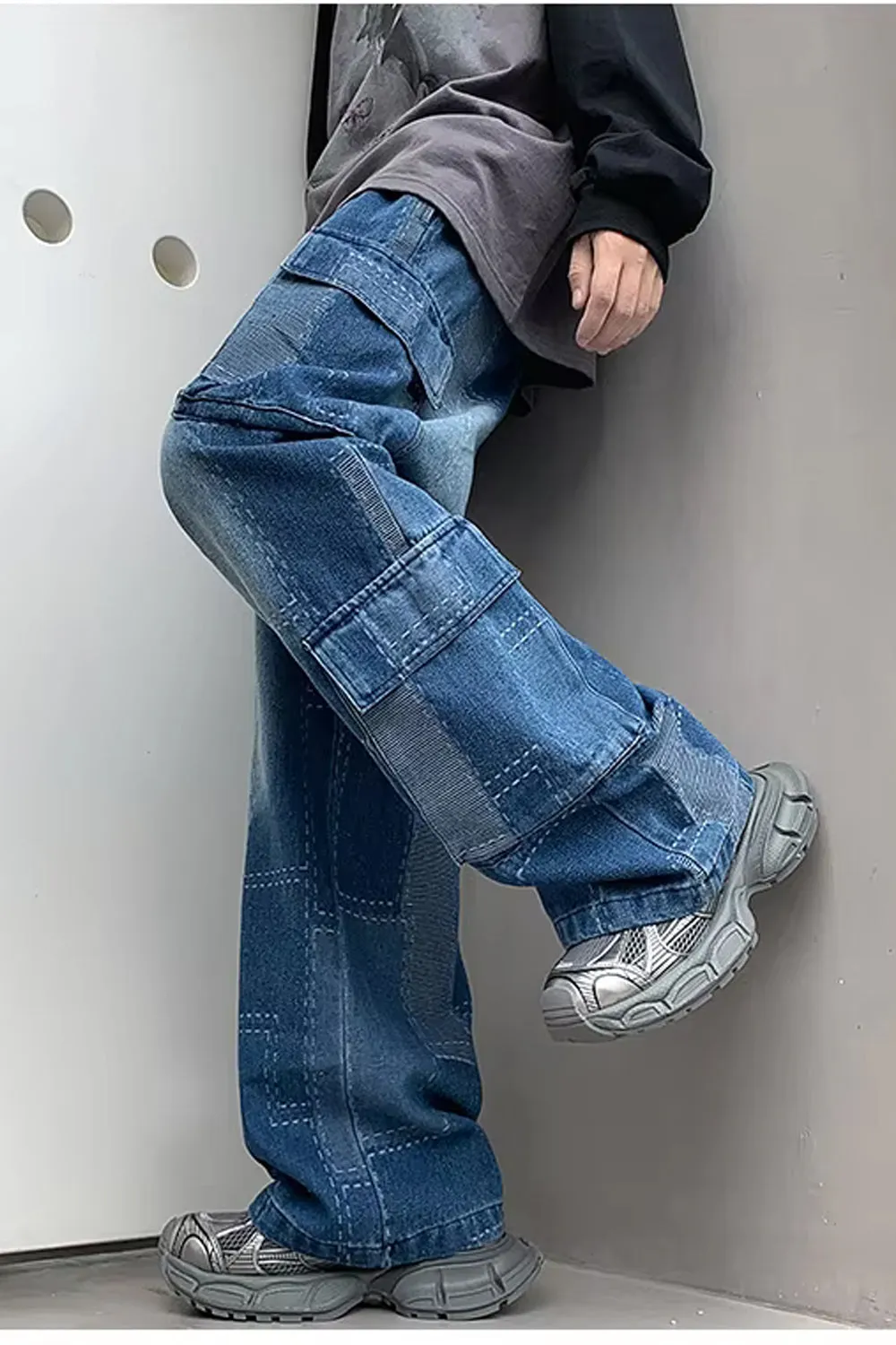Vintage Plaid Patchwork Men Cargo Jeans Pants
