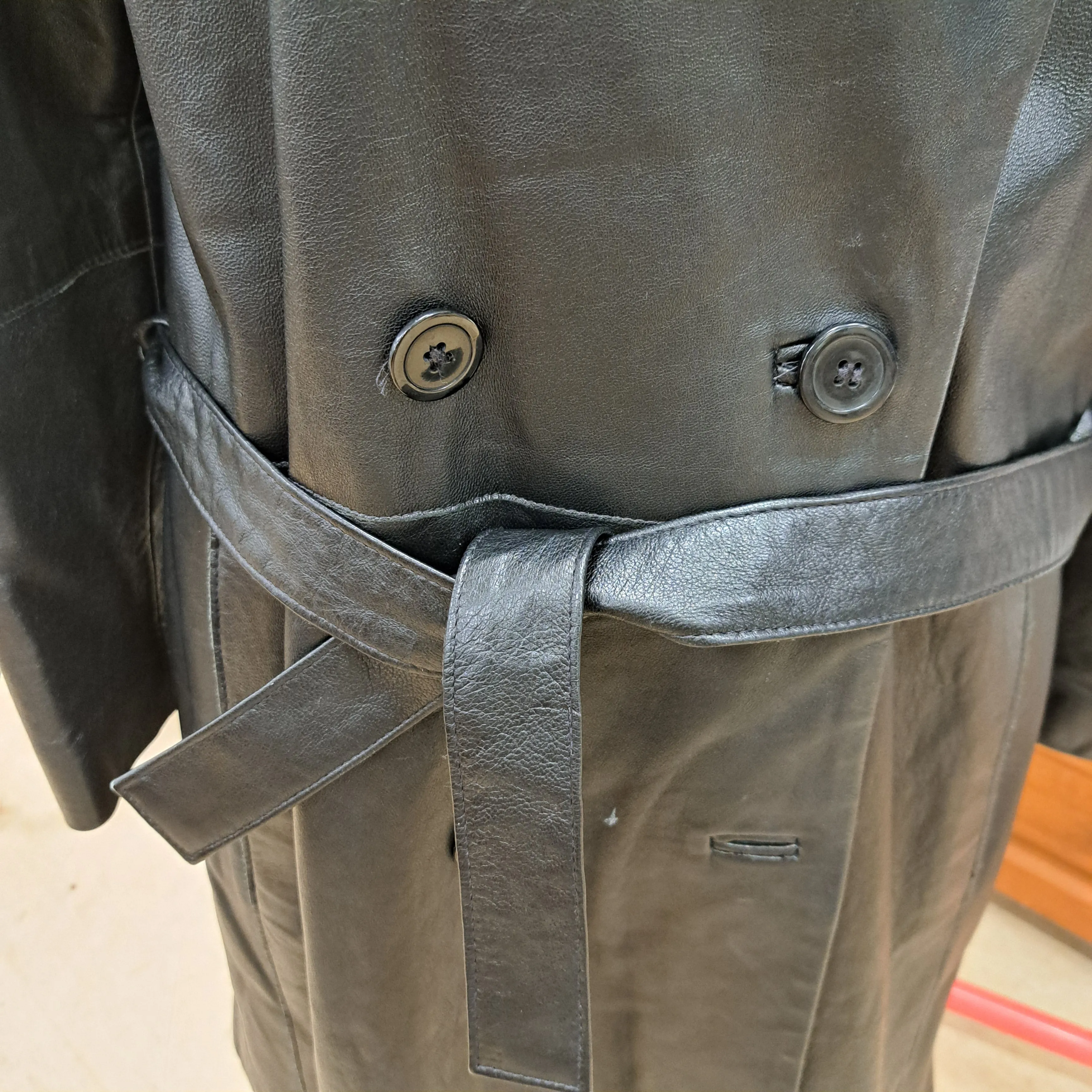 Vintage Soft Black Leather House Of Frazer Double Breasted Trench Coat Loose Tie Belt Back Zip 100%Leather Size Large