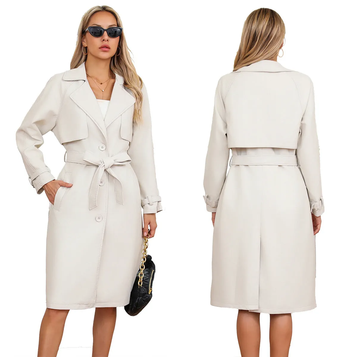 Women's Long Loose PU Leather Coat with Classic Lapel Belted Trench Coat