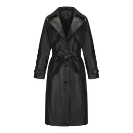 Women's Long Loose PU Leather Coat with Classic Lapel Belted Trench Coat